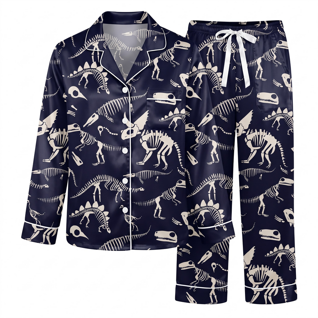 Dinosaur Skeleton Pajama Set, Navy Blue Fossil Lounge Set, Dino Bones Sleepwear PJS, Gift for Dino Lovers Women