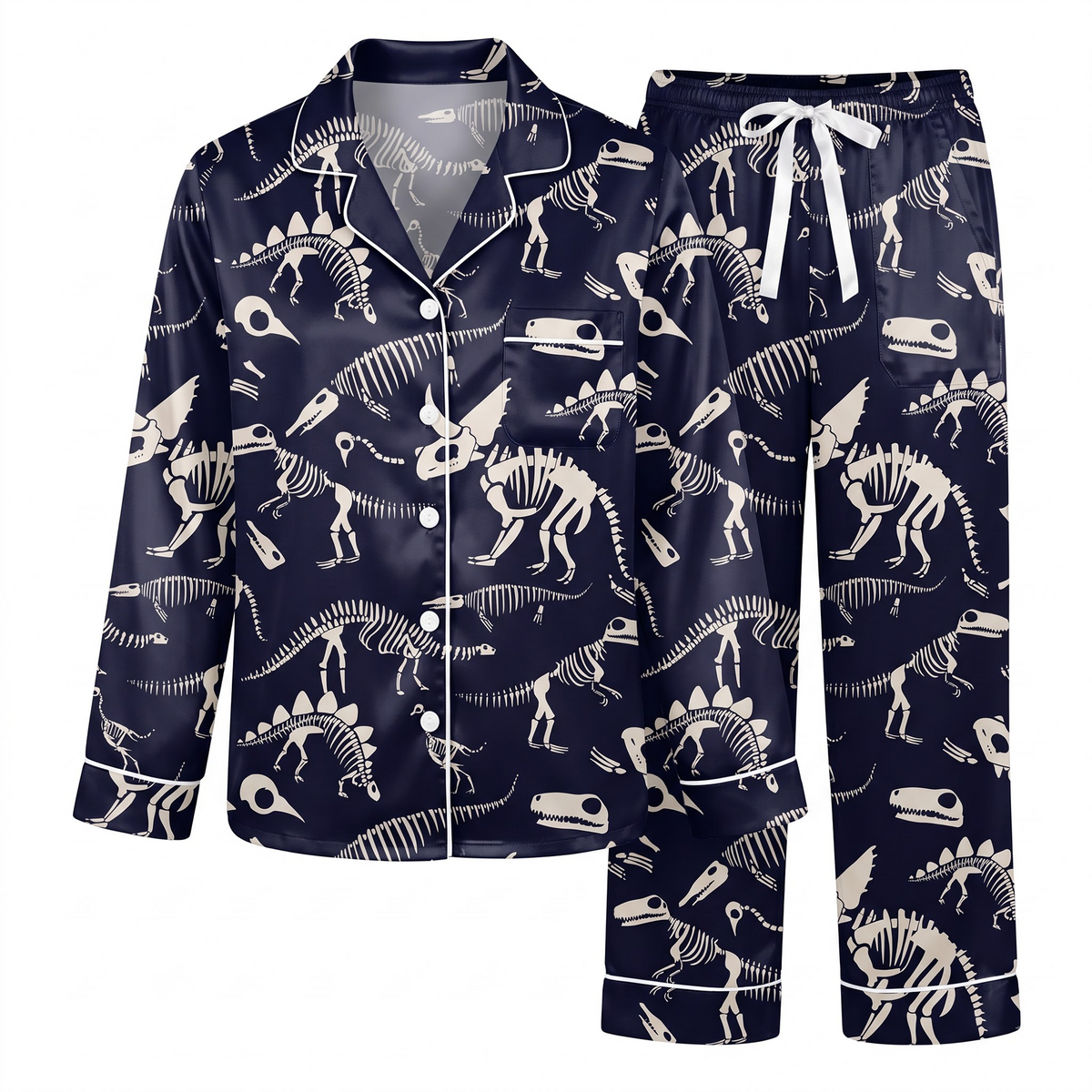 Dinosaur Skeleton Pajama Set, Navy Blue Fossil Lounge Set, Dino Bones Sleepwear PJS, Gift for Dino Lovers Women
