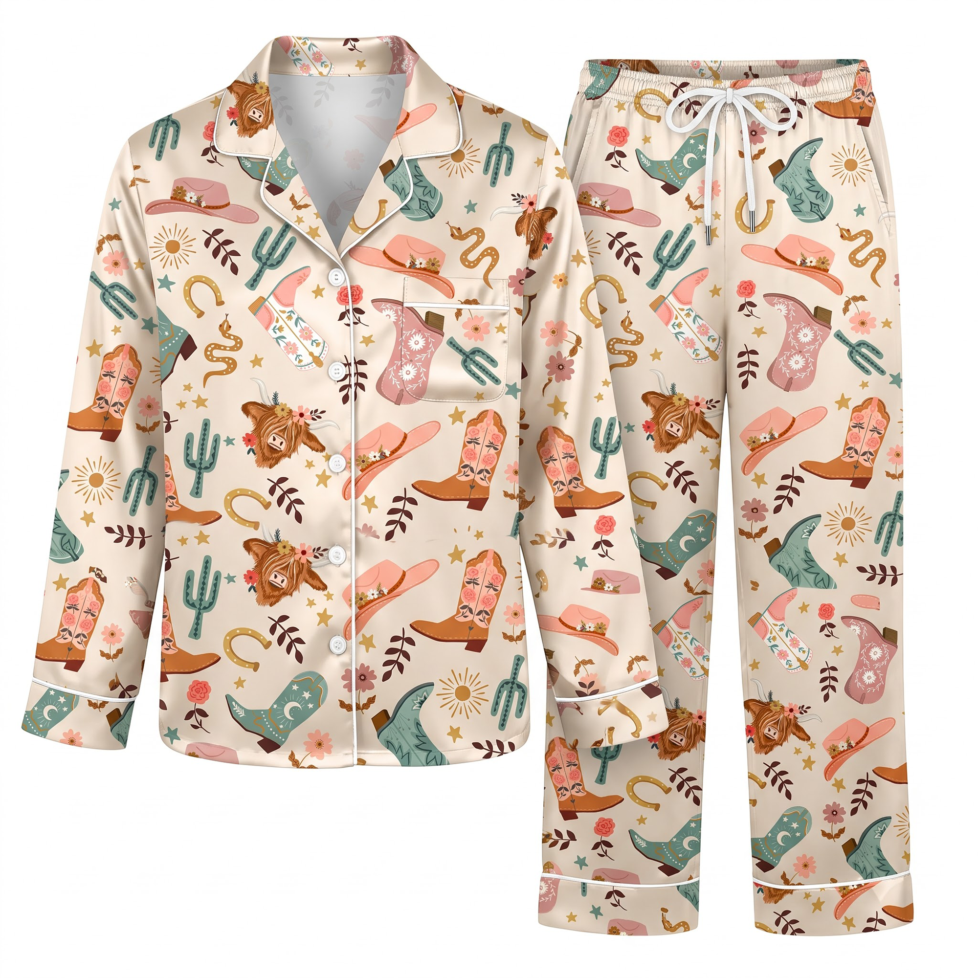 Highland Cow Pajama Set, Western Satin Lounge Set, Desert Cowgirl Sleepwear PJS, Birthday Gift for Her Women