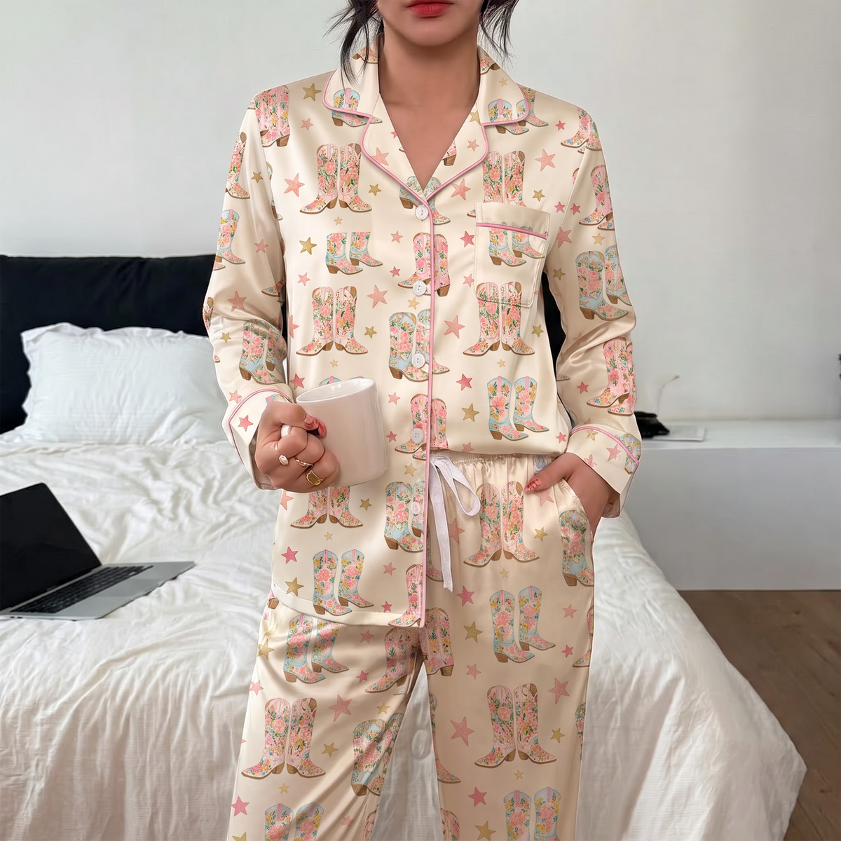 Floral Cowboy Boots Pajama Set, Vintage Western Satin Lounge Set, Country Girl Sleepwear PJS, Bachelorette Gift for Her
