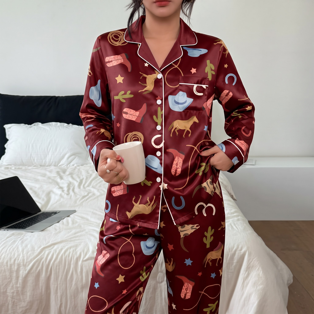 Western Horse Satin Pajama Set, Burgundy Rodeo Cowgirl Silk Sleepwear, Country Lounge Set, Cowgirl Gift for Her Women