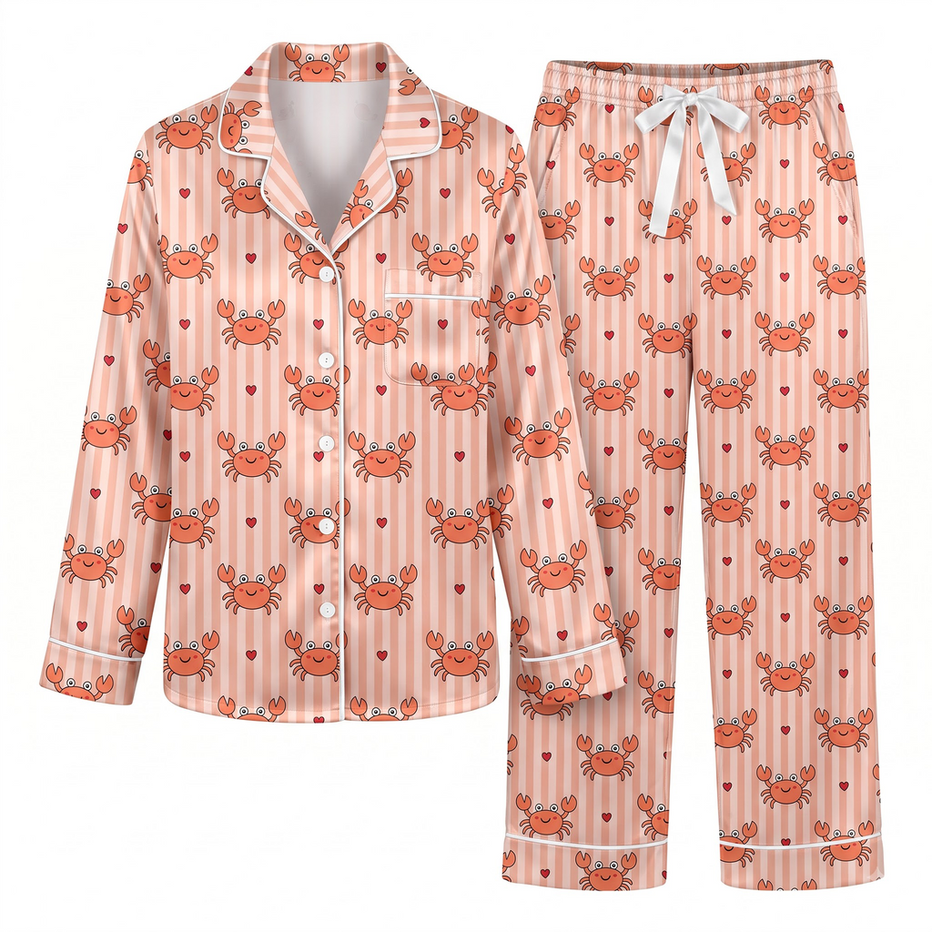 Cute Crab Satin Pajama Set, Peach Pink Striped Crab Silk Sleepwear, Nautical Ocean Lounge Set, Beach Summer Gift for Her Women
