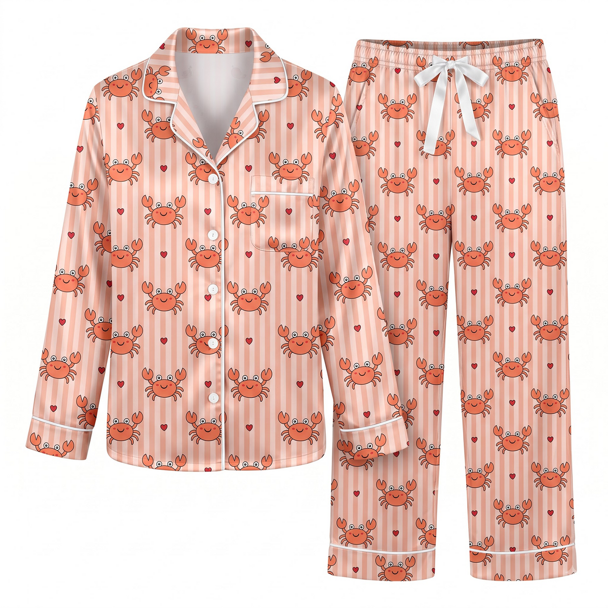 Cute Crab Satin Pajama Set, Peach Pink Striped Crab Silk Sleepwear, Nautical Ocean Lounge Set, Beach Summer Gift for Her Women
