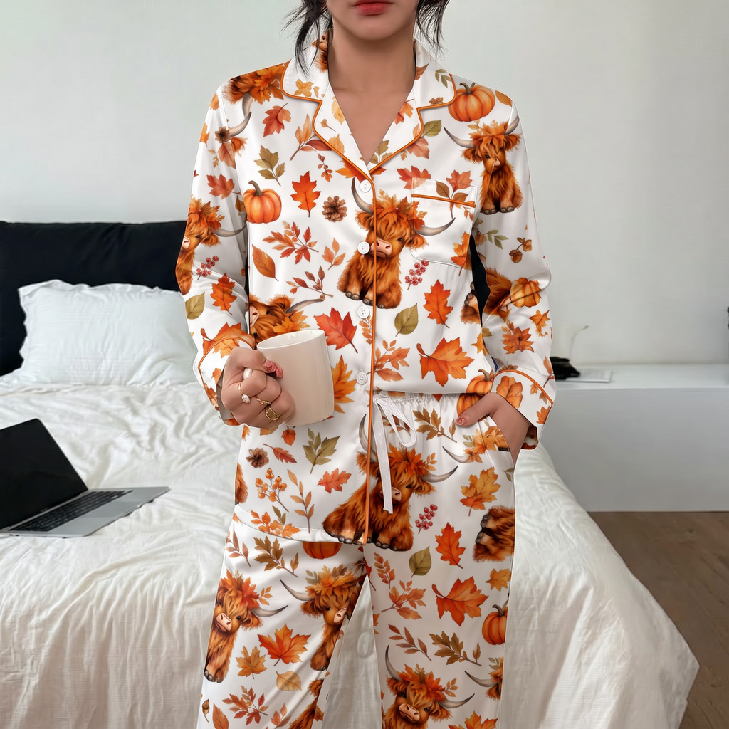 Cute Highland Cow Pajama Set, Fall Pumpkin Autumn Satin PJS, Western Farmhouse Sleepwear, Thanksgiving Gift for Friends