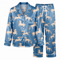 Blue Horse Satin Pajama Set, Equestrian Silk Sleepwear, Wild Mustang Lounge Set, Horse Lover Gift for Her Women