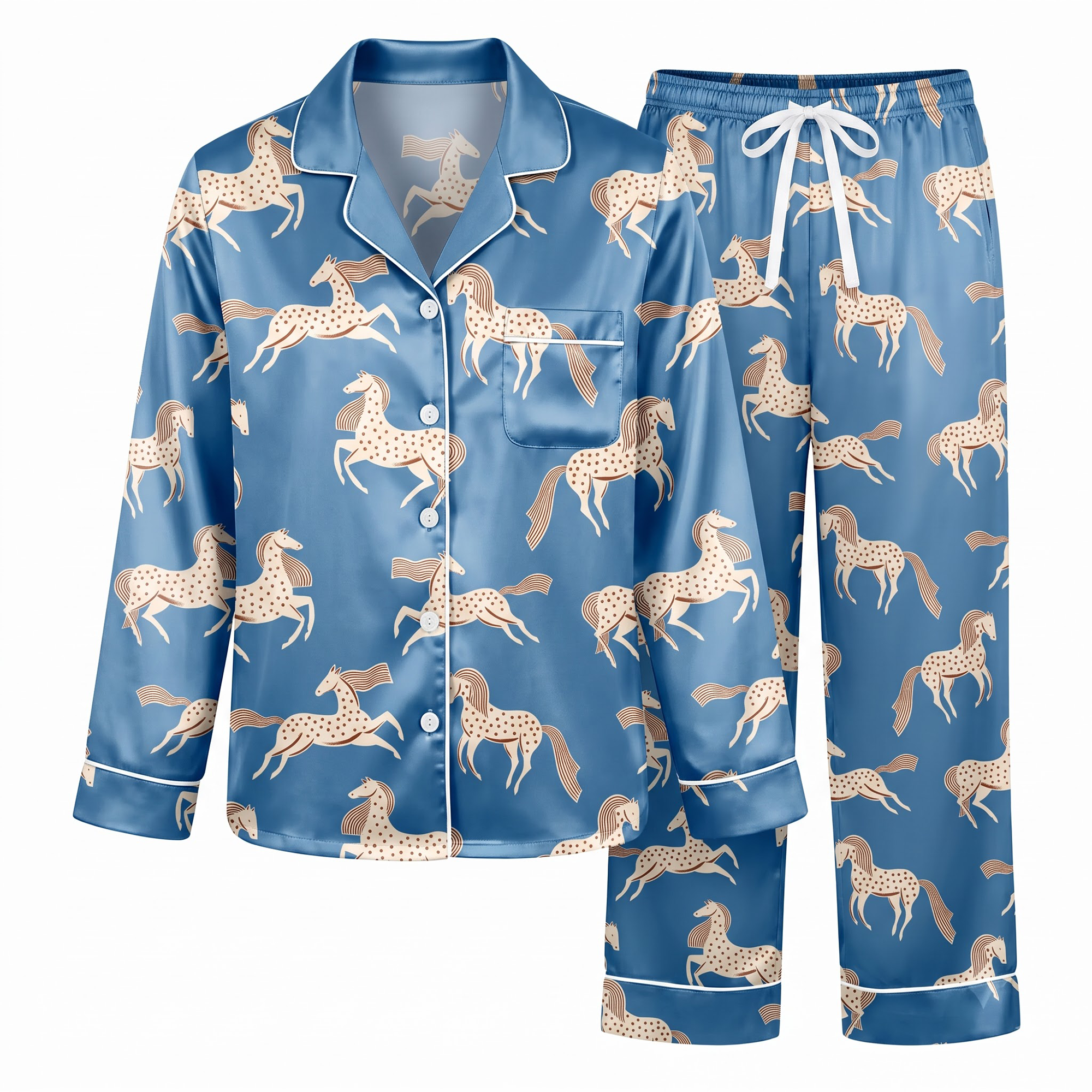 Blue Horse Satin Pajama Set, Equestrian Silk Sleepwear, Wild Mustang Lounge Set, Horse Lover Gift for Her Women