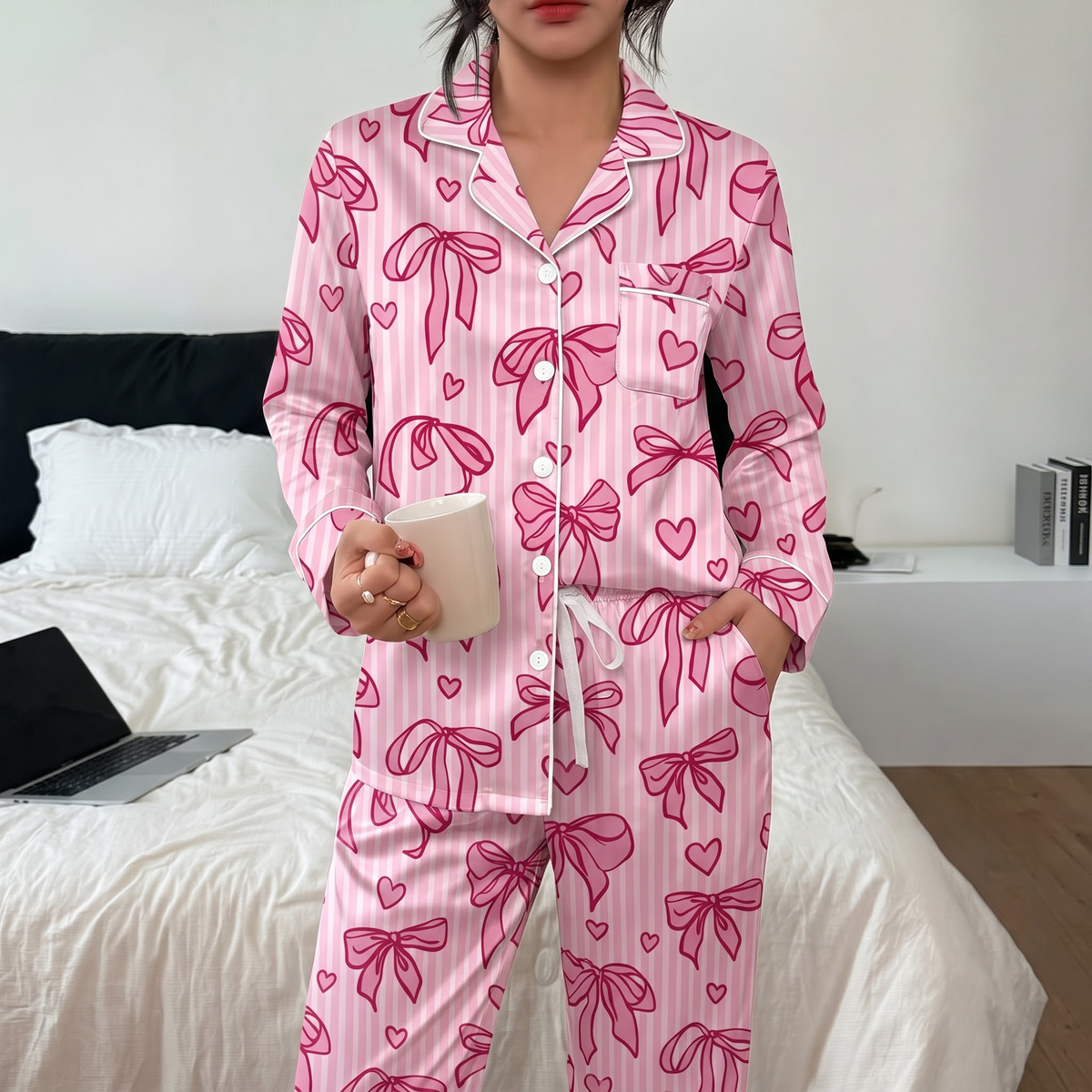Pink Bow Short Pajama Set, Coquette Striped Satin Short Set, Summer Pink Ribbon Sleepwear PJS, Gift for Her Women