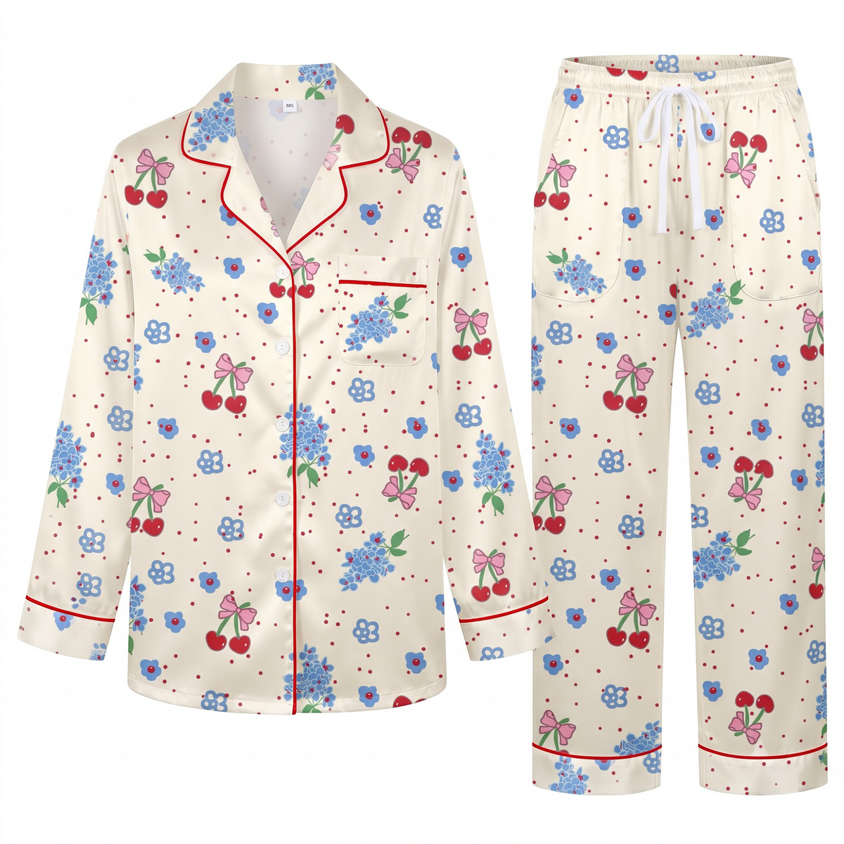 Coquette Cherry Pajama Set, Hydrangea Floral Satin Lounge Set, Vintage Cream Sleepwear PJS, Birthday Gift for Her Women