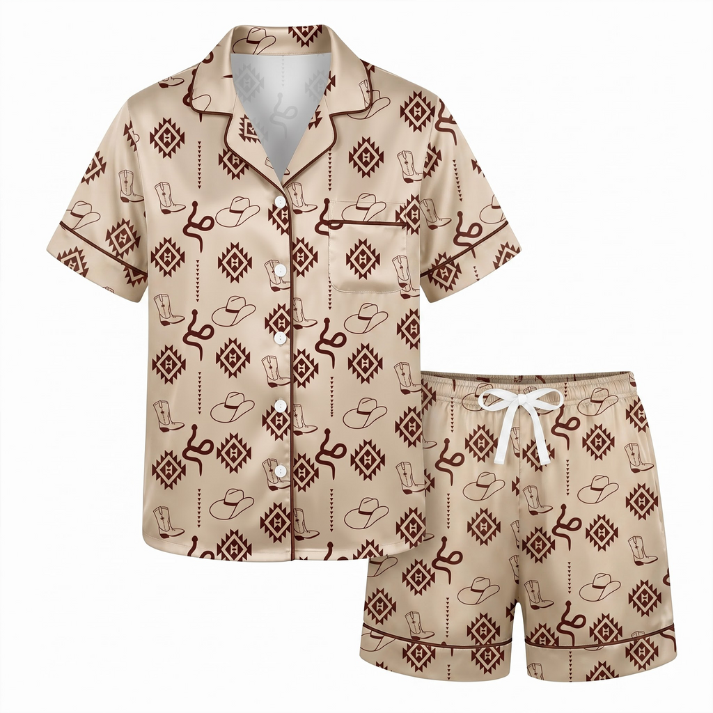 Western Cowboy Satin Pajama Set, Cowgirl Boot Silk Sleepwear, Southwestern Lounge Set, Country Girl Gift for Her Women