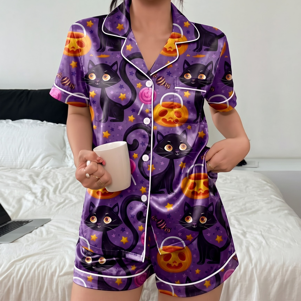 Black Cat Halloween Satin Pajama Set, Spooky Pumpkin Silk Sleepwear, Purple Cat Lounge Set, Gift for Her Women Cat Lovers