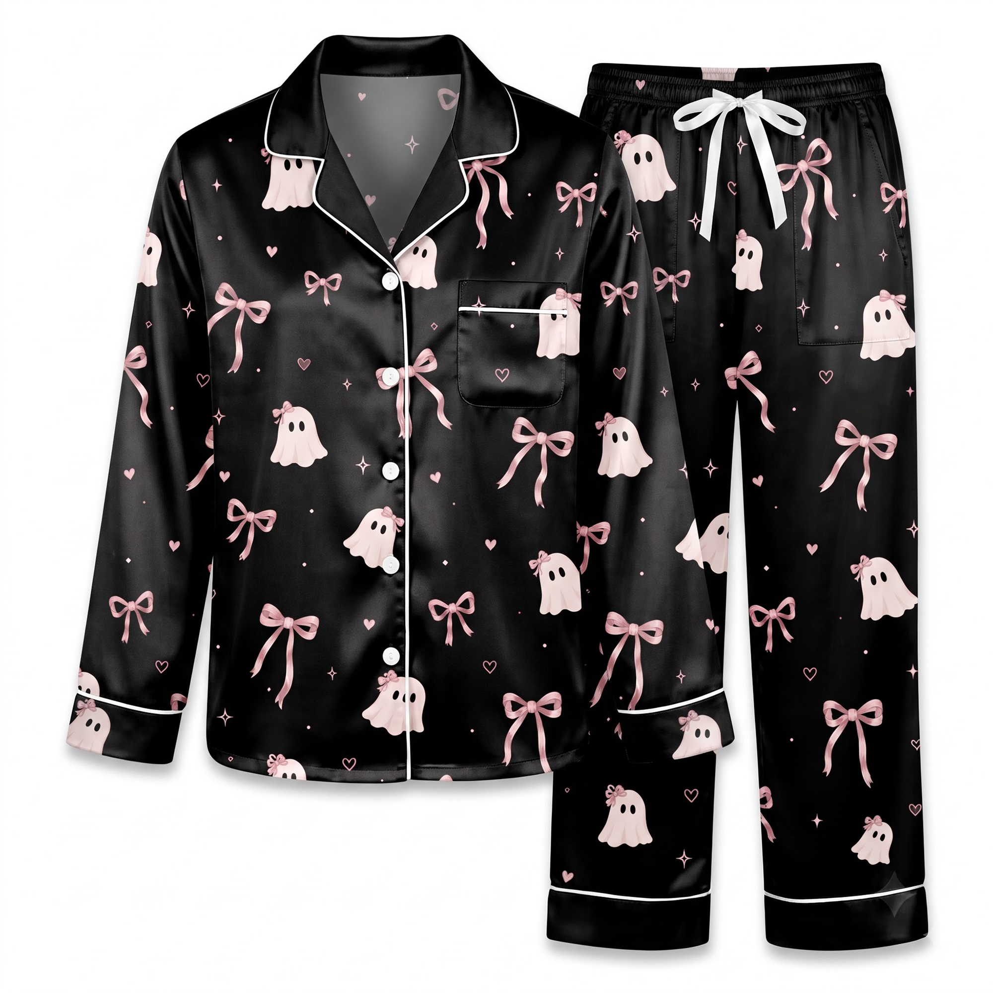 Pink Bow Ghost Pajama Set, Coquette Halloween Satin Lounge Set, Spooky Cute Ghost Sleepwear PJS, Gift for Her Women