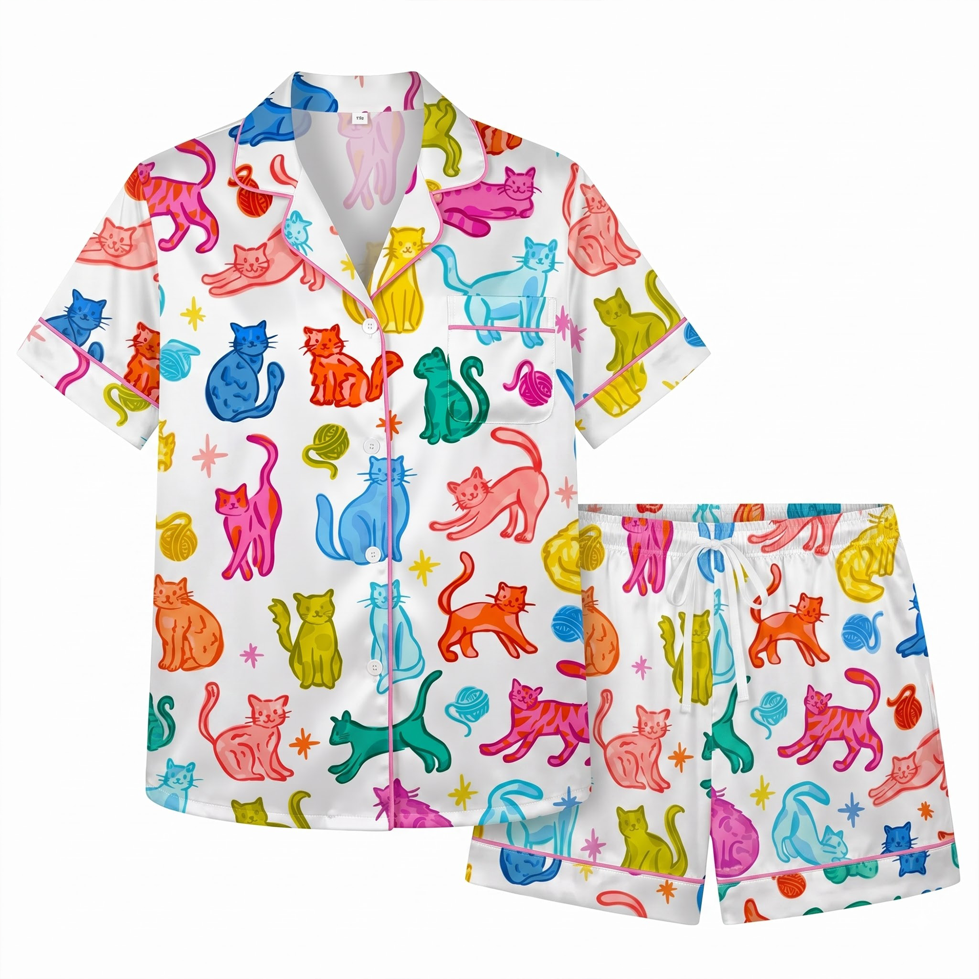 Cute Colorful Cat Pajama Set, White Satin Kitty PJS, Vibrant Cat Lover Sleepwear, Birthday Gift for Friends Sister