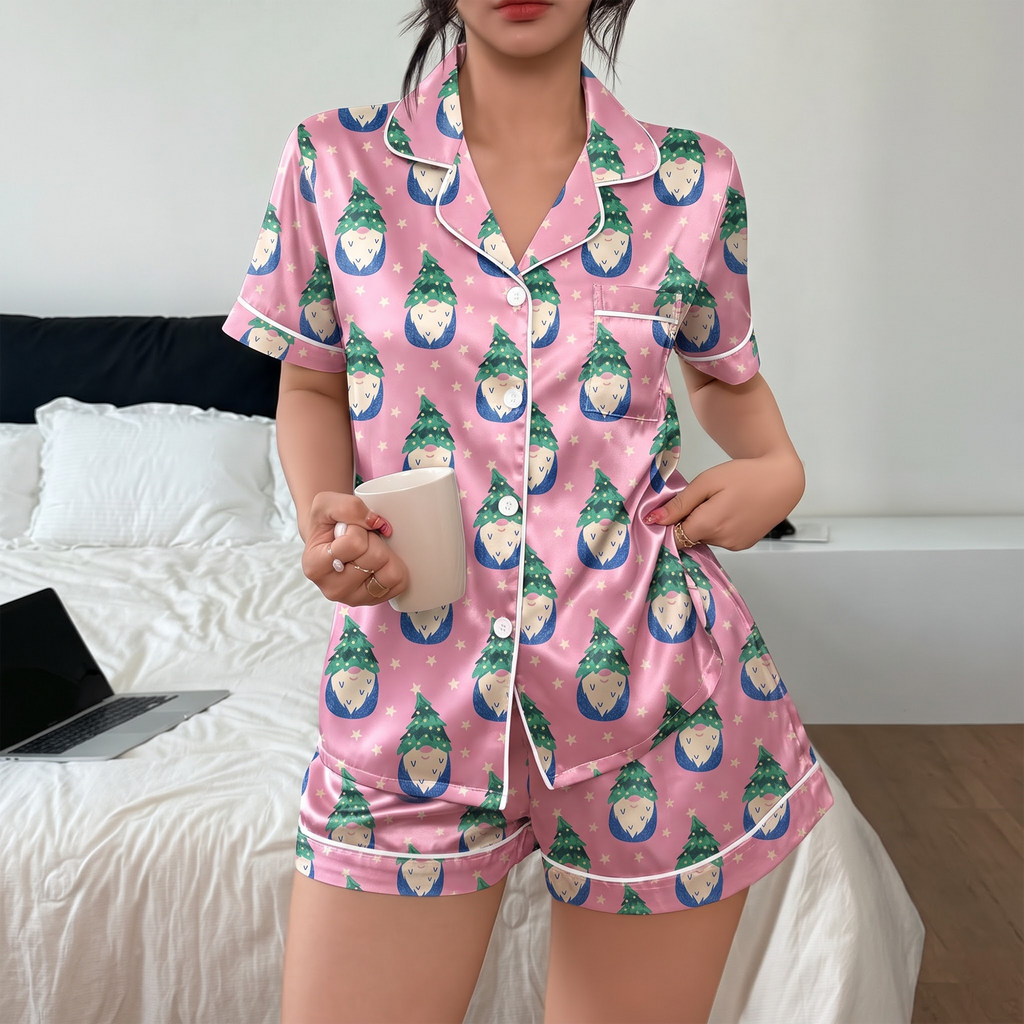 Pink Christmas Gnome Satin Pajama Set, Xmas Gnome Silk Sleepwear, Coquette Holiday Lounge Set, Xmas Gift for Her Women