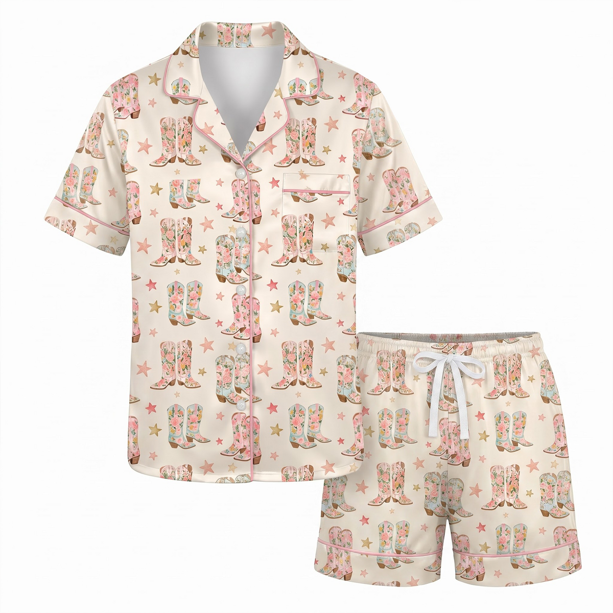 Floral Cowboy Boots Pajama Set, Vintage Western Satin Lounge Set, Country Girl Sleepwear PJS, Bachelorette Gift for Her