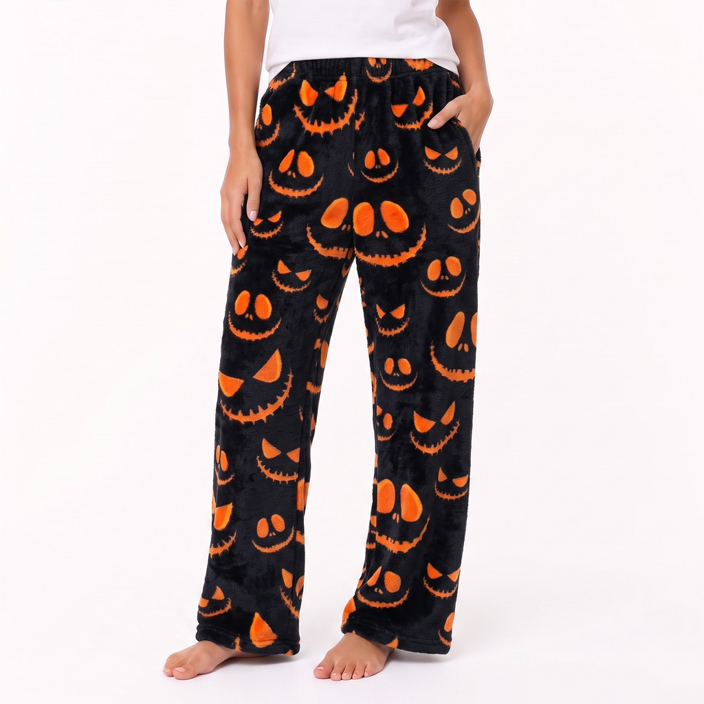Spooky Face Print Fuzzy Pajama Pants, Soft Plush Winter Flannel Sleepwear Bottoms, Halloween Lounge Pants, Gift for Bestie Sister