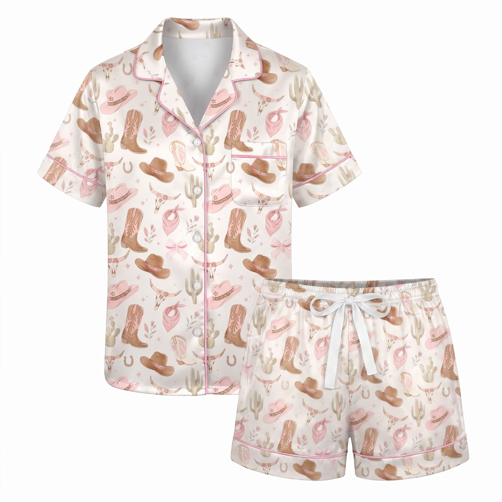 Pink Cowgirl Pajama Set, Western Boots Satin Lounge Set, Country Girl Sleepwear PJS, Bachelorette Gift for Her Women