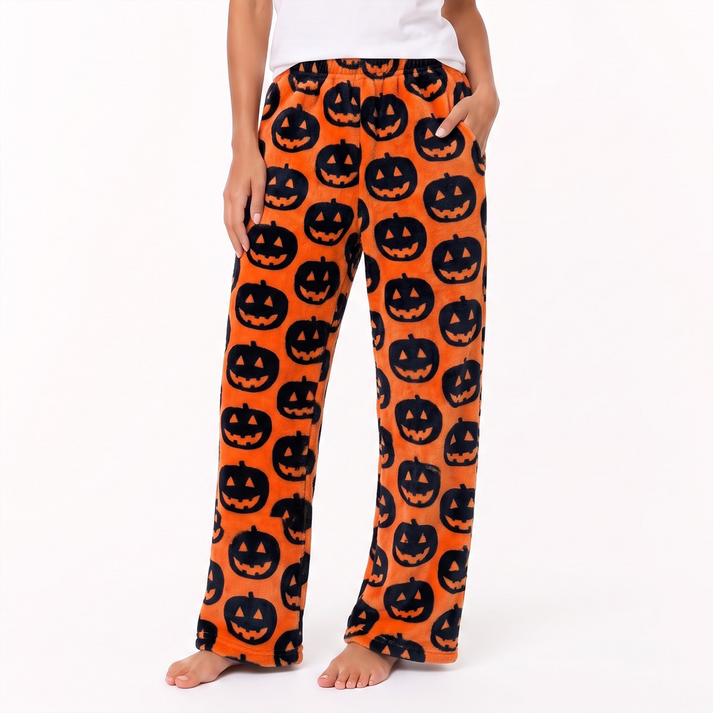 Halloween Pumpkin Fuzzy Pajama Pants, Orange Fleece Sleepwear Bottoms, Soft Plush Warm Winter Lounge Pants, Spooky Gift for Her