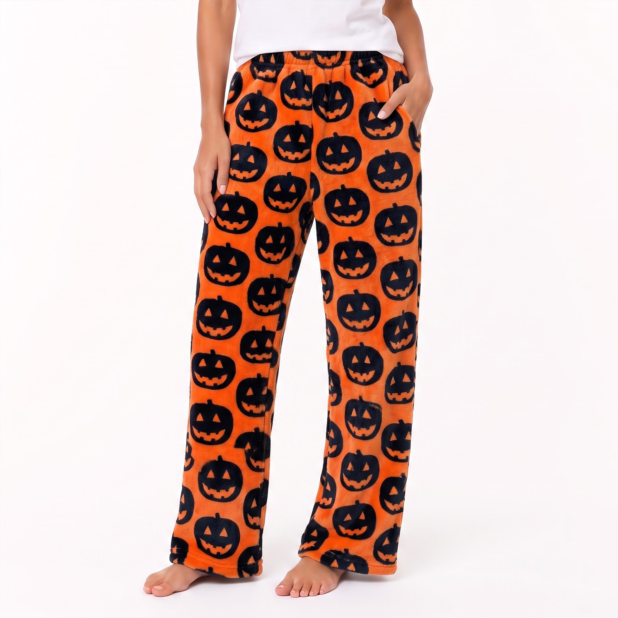 Halloween Pumpkin Fuzzy Pajama Pants, Orange Fleece Sleepwear Bottoms, Soft Plush Warm Winter Lounge Pants, Spooky Gift for Her