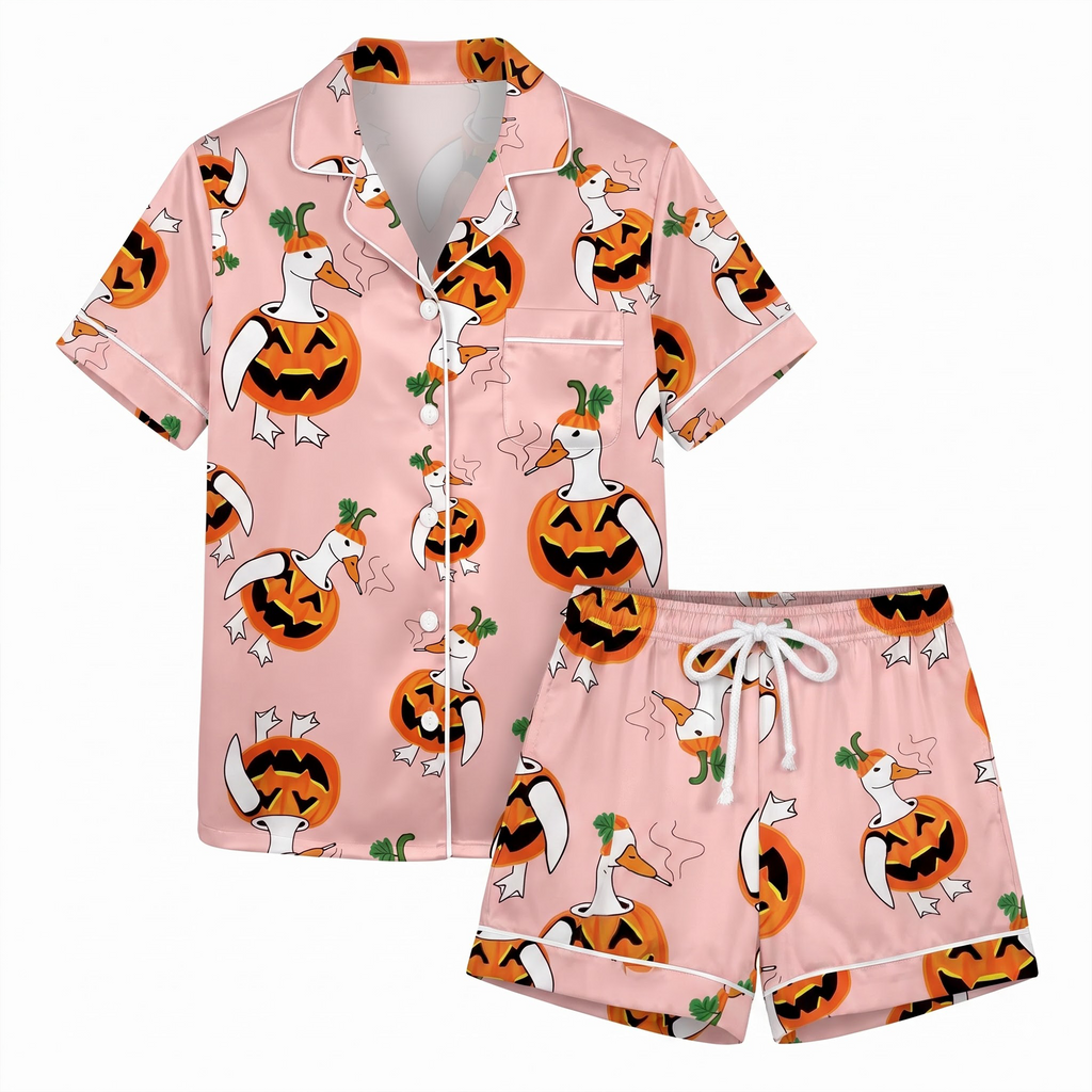 Pink Pumpkin Goose Pajama Set, Funny Smoking Duck Satin Lounge Set, Cute Halloween Sleepwear PJS, Halloween Gift for Her
