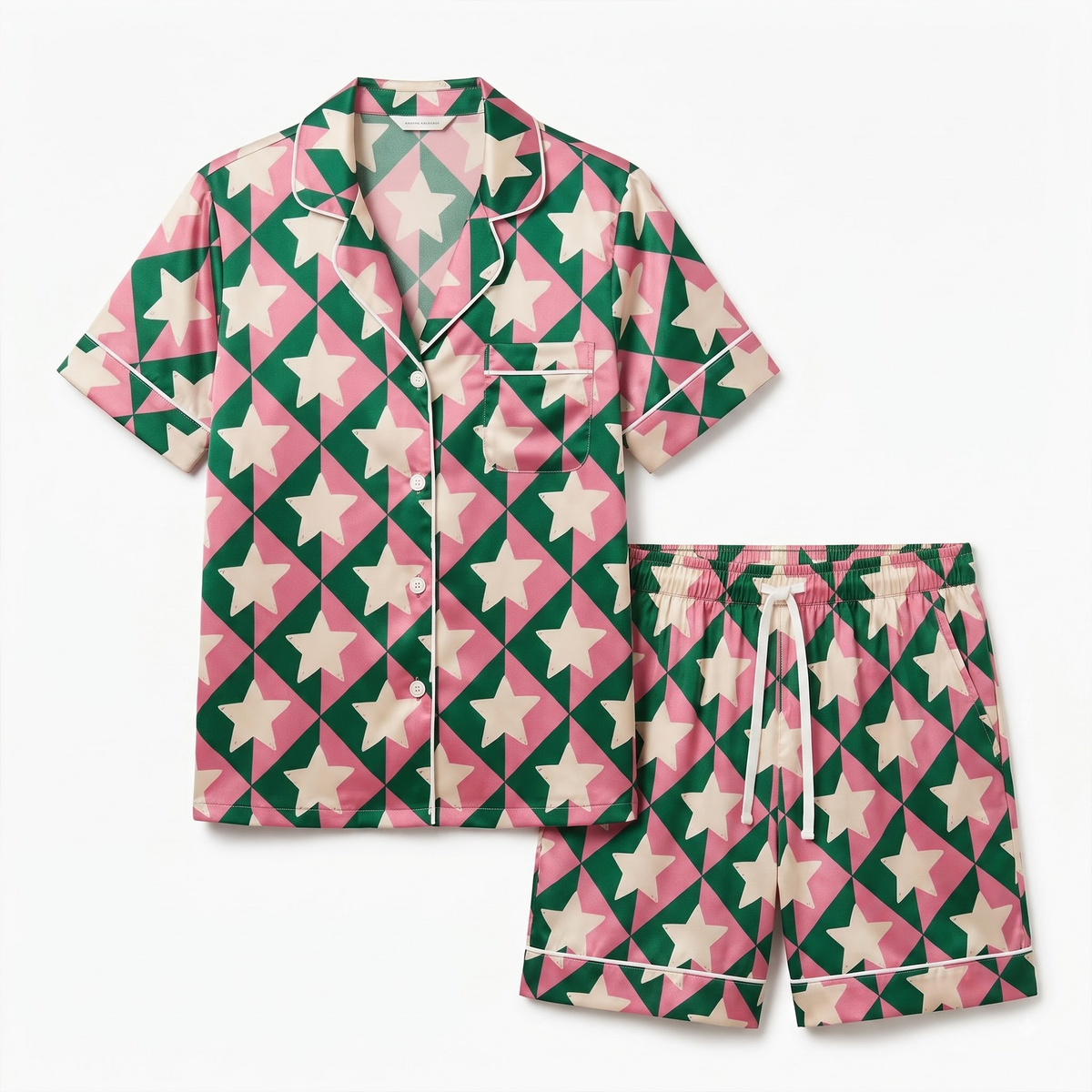 Preppy Star Pajama Set, Pink Green Geometric Satin PJS, Retro Holiday Sleepwear, Secret Santa Gift for Friends Sister