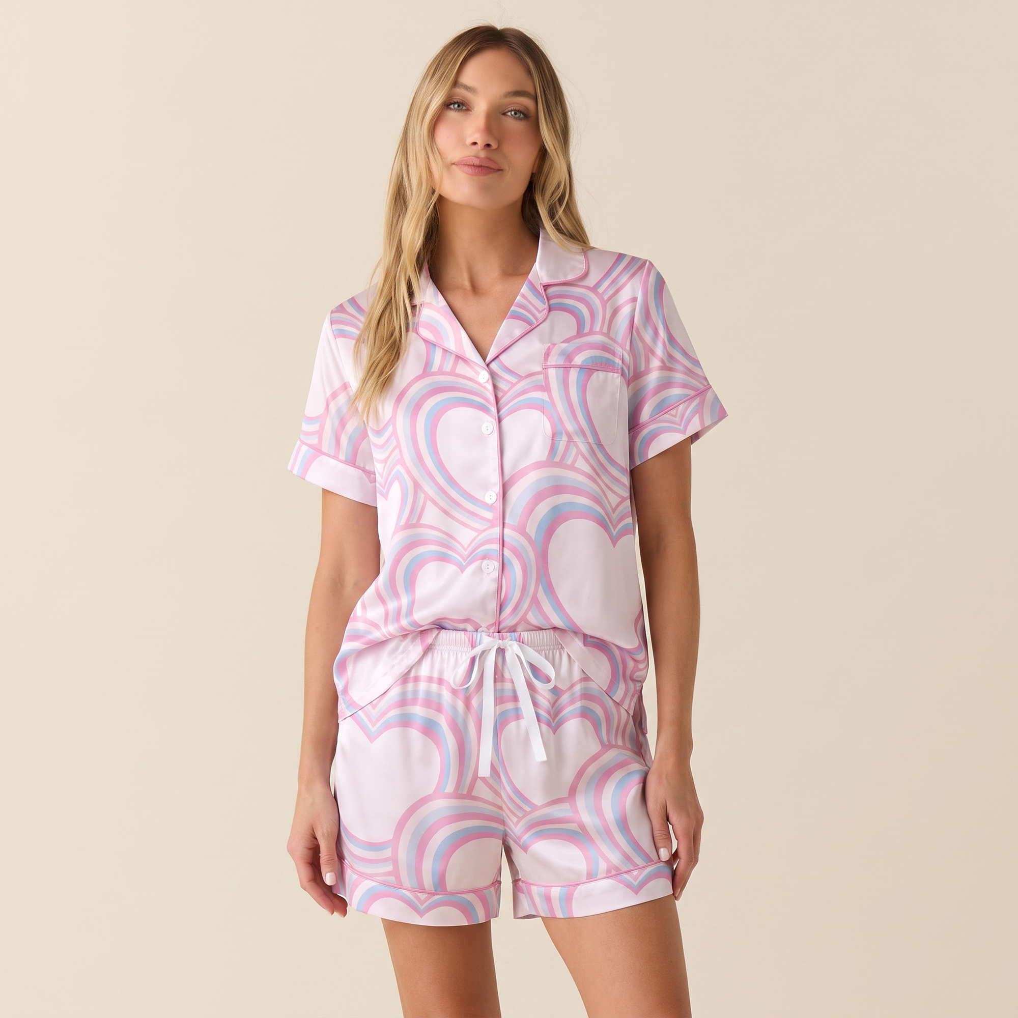 Retro Heart Pajama Set, Pastel Pink Blue Satin Lounge Set, Y2K Groovy Sleepwear PJS, Valentine Gift for Her Women