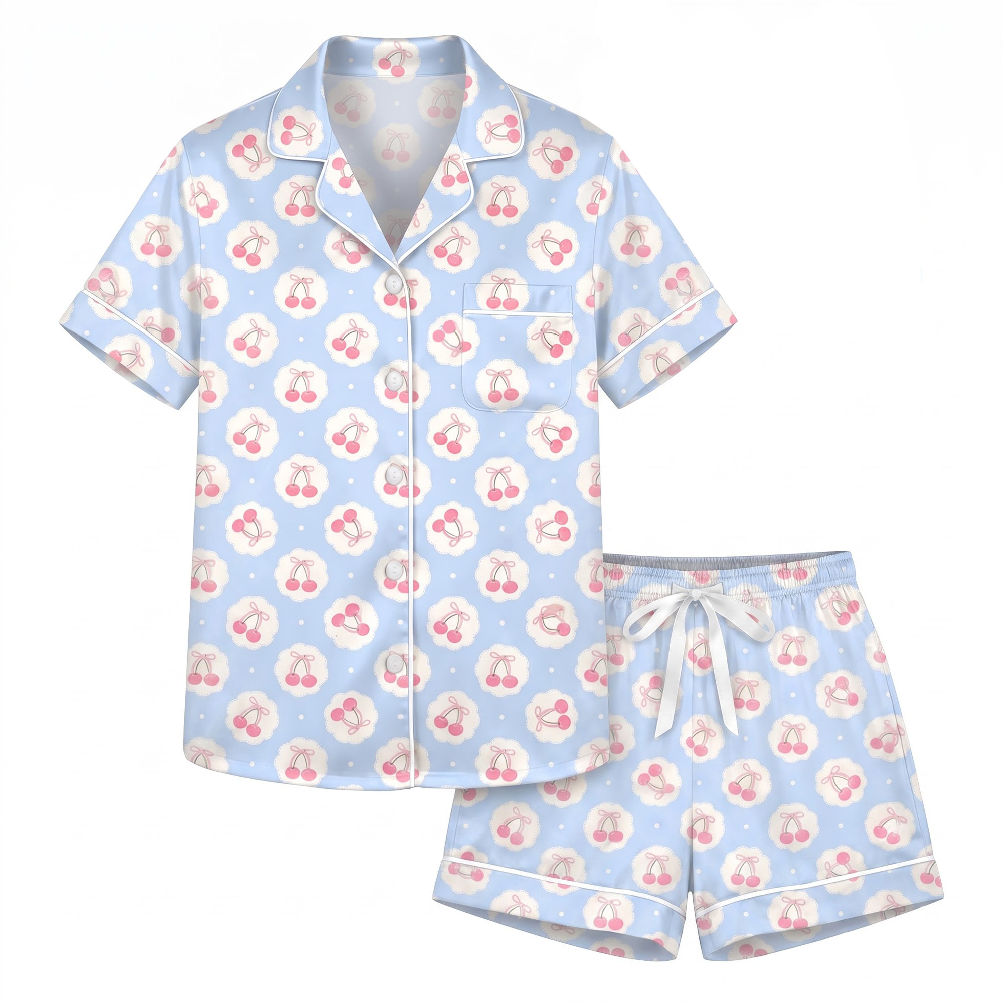 Blue Cherry Pajama Set, Coquette Pink Cherry Satin Lounge Set, Cute Ribbon Cherry Sleepwear PJS, Birthday Gift for Her
