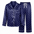 Navy Heart Pajama Set, Dark Blue Satin Mini Heart Lounge Set, Cute Heart Print Sleepwear PJS, Valentine Gift for Her Women
