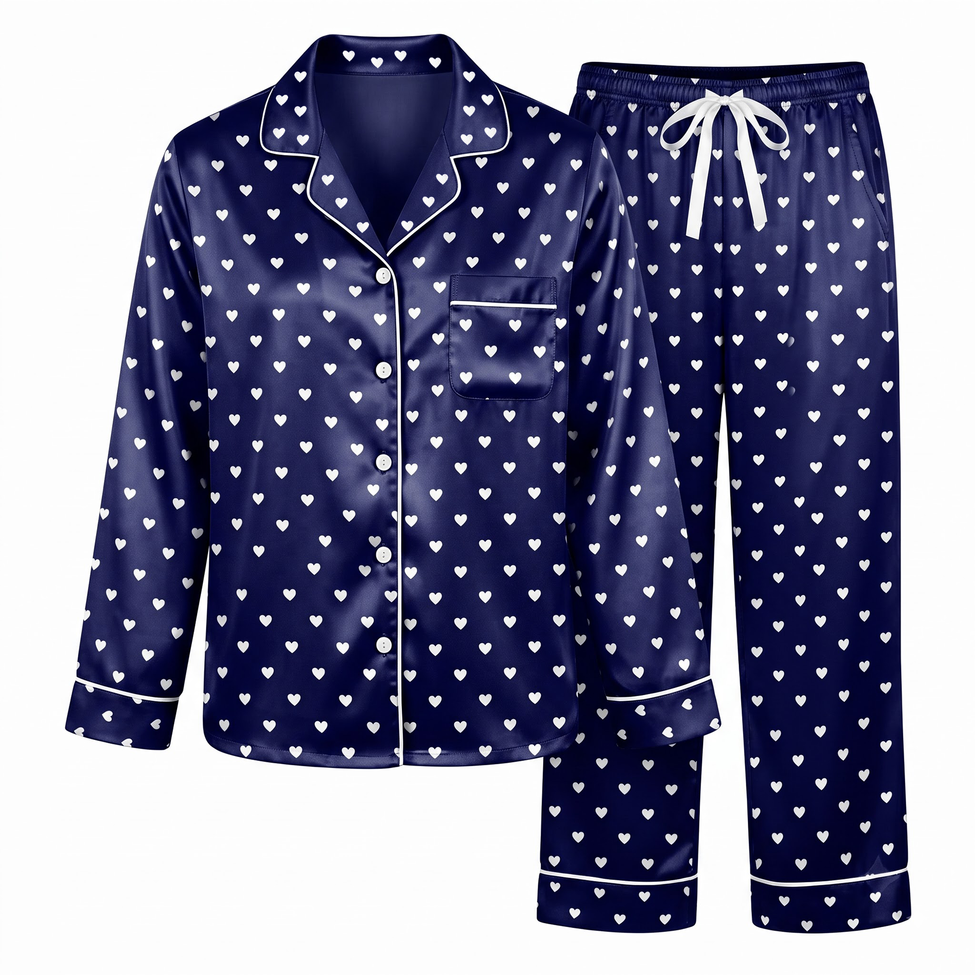 Navy Heart Pajama Set, Dark Blue Satin Mini Heart Lounge Set, Cute Heart Print Sleepwear PJS, Valentine Gift for Her Women