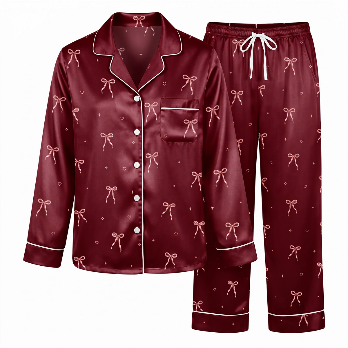 Burgundy Bow Pajama Set, Coquette Ribbon Satin Lounge Set, Wine Red Ribbon Sleepwear PJS, Gift for Her Women