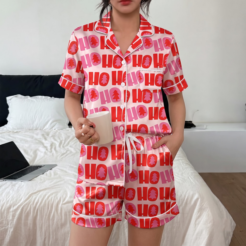 Pink Ho Ho Ho Satin Pajama Set, Red Christmas Silk Sleepwear, Holiday Typography Button Down Pjs, Christmas Gift for Her