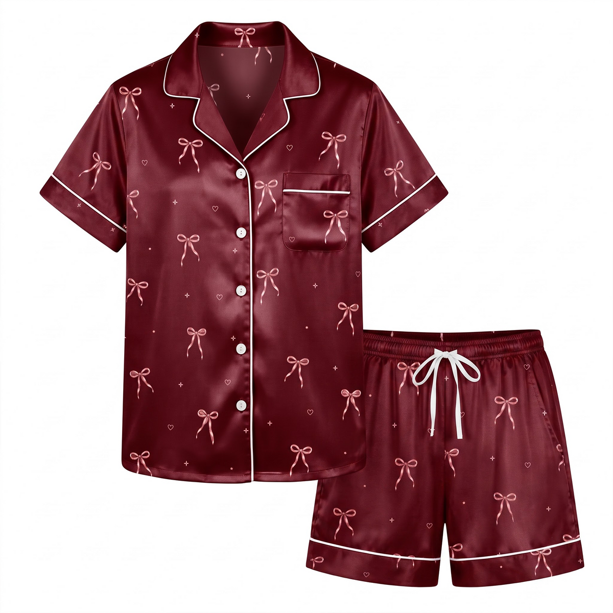 Burgundy Bow Pajama Set, Coquette Ribbon Satin Lounge Set, Wine Red Ribbon Sleepwear PJS, Gift for Her Women