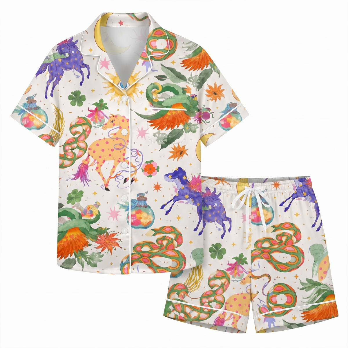 Celestial Unicorn Pajama Set, Whimsical Dragon Satin Lounge Set, Psychedelic Sleepwear PJS, Birthday Gift for Her Women