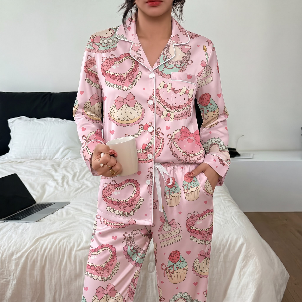 Coquette Pink Cake Pajama Set, Vintage Birthday Cake Satin PJS, Cute Bakery Sleepwear, Birthday Gift for Girlfriend Sister