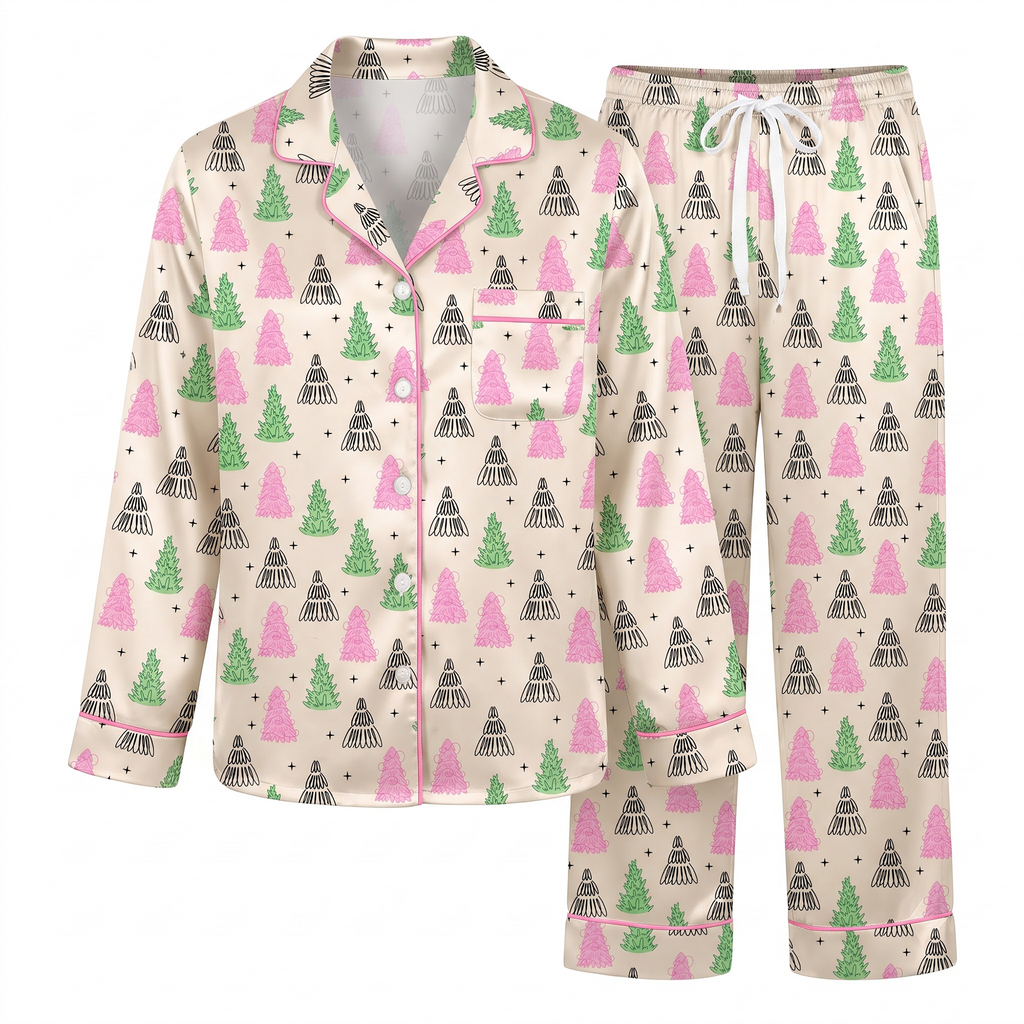 Pink Green Christmas Tree Satin Pajama Set, Xmas Tree Silk Sleepwear, Coquette Holiday Lounge Set, Xmas Gift for Her Women