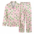 Pink Green Christmas Tree Satin Pajama Set, Xmas Tree Silk Sleepwear, Coquette Holiday Lounge Set, Xmas Gift for Her Women