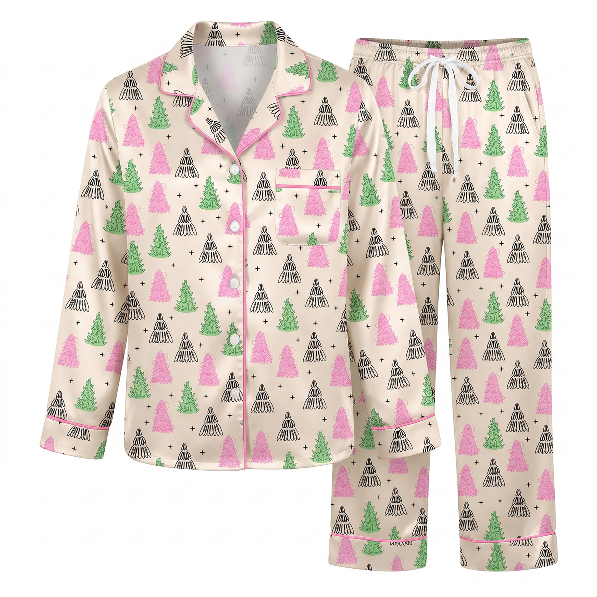 Pink Green Christmas Tree Satin Pajama Set, Xmas Tree Silk Sleepwear, Coquette Holiday Lounge Set, Xmas Gift for Her Women