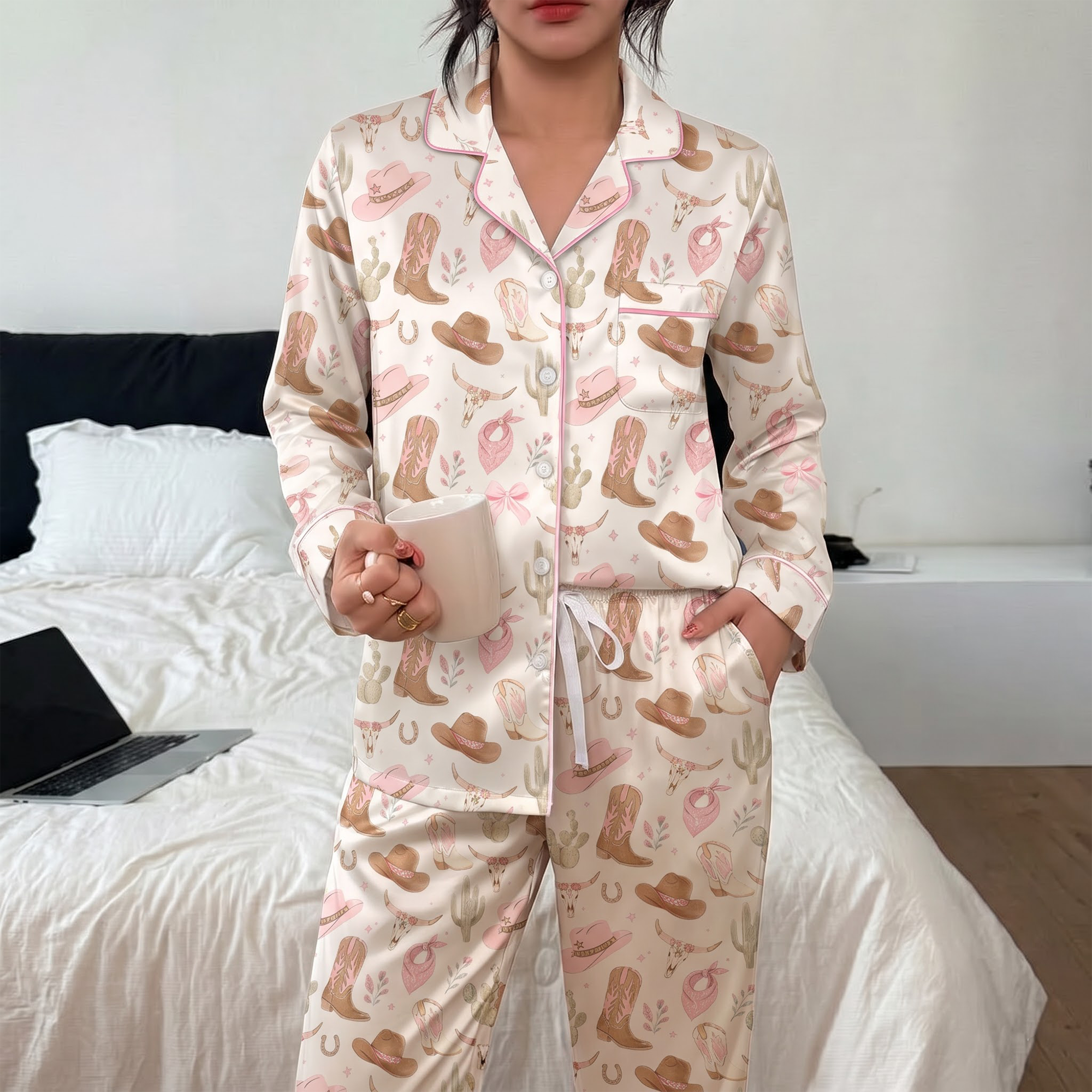 Pink Cowgirl Pajama Set, Western Boots Satin Lounge Set, Country Girl Sleepwear PJS, Bachelorette Gift for Her Women
