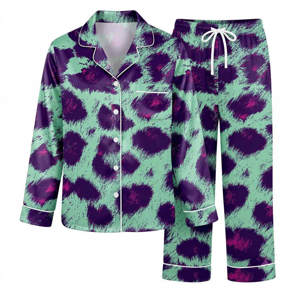 Colorful Leopard Pajama Set, Mint Purple Cheetah Satin Lounge Set, Retro Y2K Animal Print Sleepwear PJS, Gift for Her Women