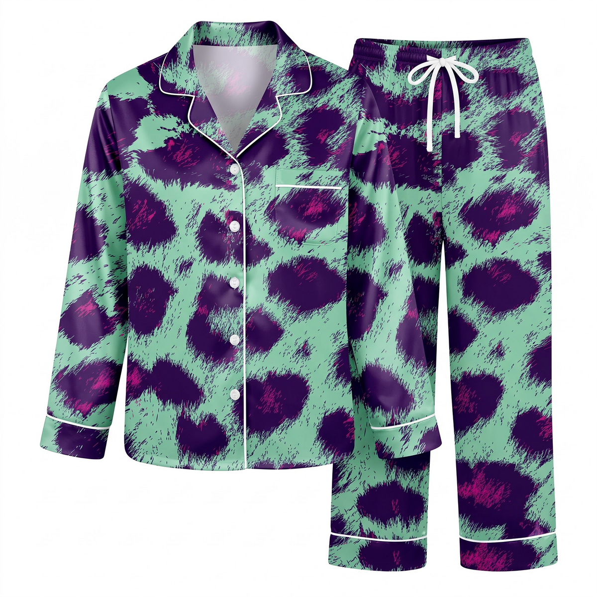 Colorful Leopard Pajama Set, Mint Purple Cheetah Satin Lounge Set, Retro Y2K Animal Print Sleepwear PJS, Gift for Her Women