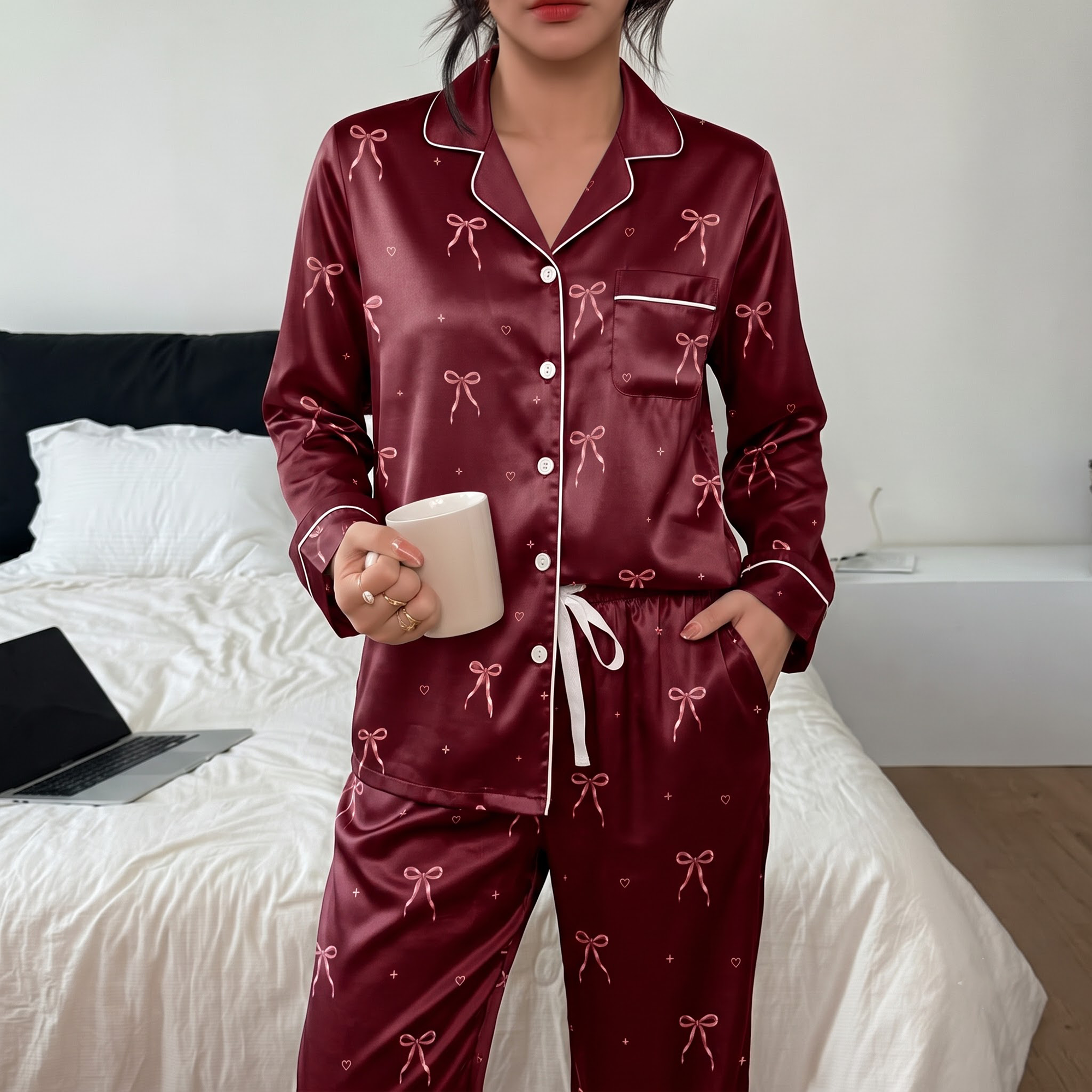 Burgundy Bow Pajama Set, Coquette Ribbon Satin Lounge Set, Wine Red Ribbon Sleepwear PJS, Gift for Her Women