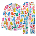 Cute Colorful Cat Pajama Set, White Satin Kitty PJS, Vibrant Cat Lover Sleepwear, Birthday Gift for Friends Sister