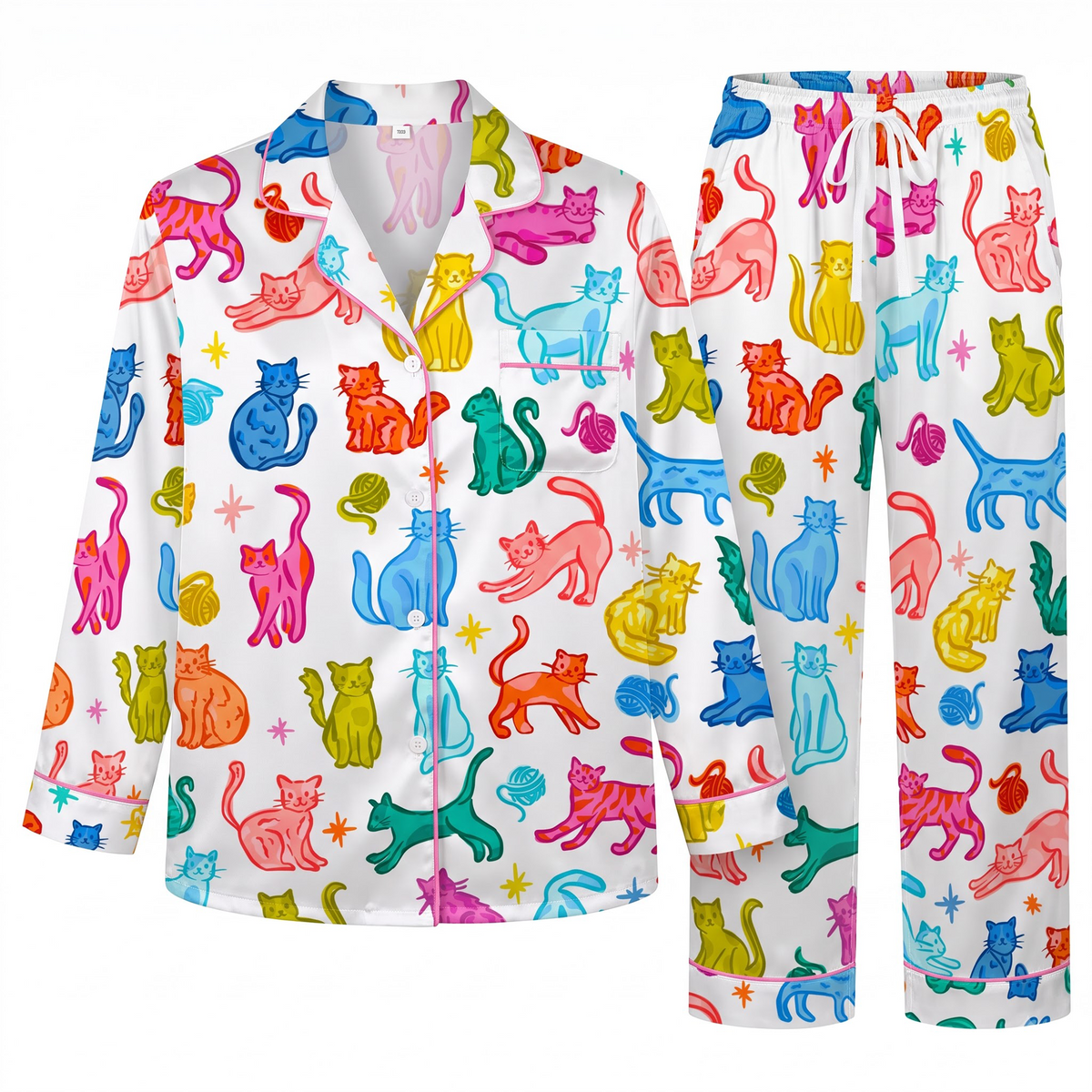 Cute Colorful Cat Pajama Set, White Satin Kitty PJS, Vibrant Cat Lover Sleepwear, Birthday Gift for Friends Sister