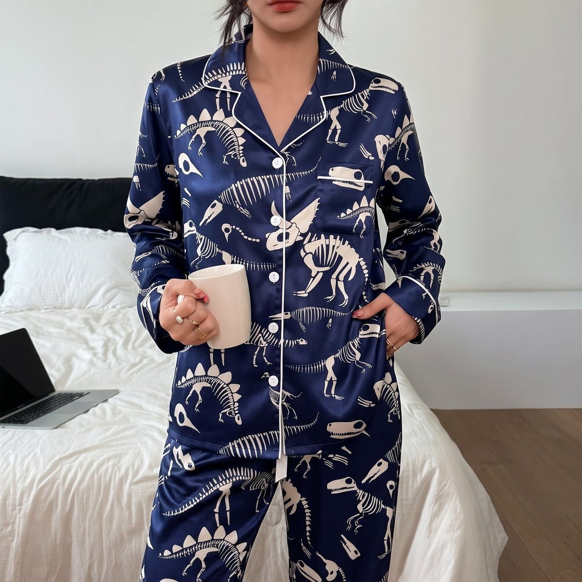 Dinosaur Skeleton Pajama Set, Navy Blue Fossil Lounge Set, Dino Bones Sleepwear PJS, Gift for Dino Lovers Women