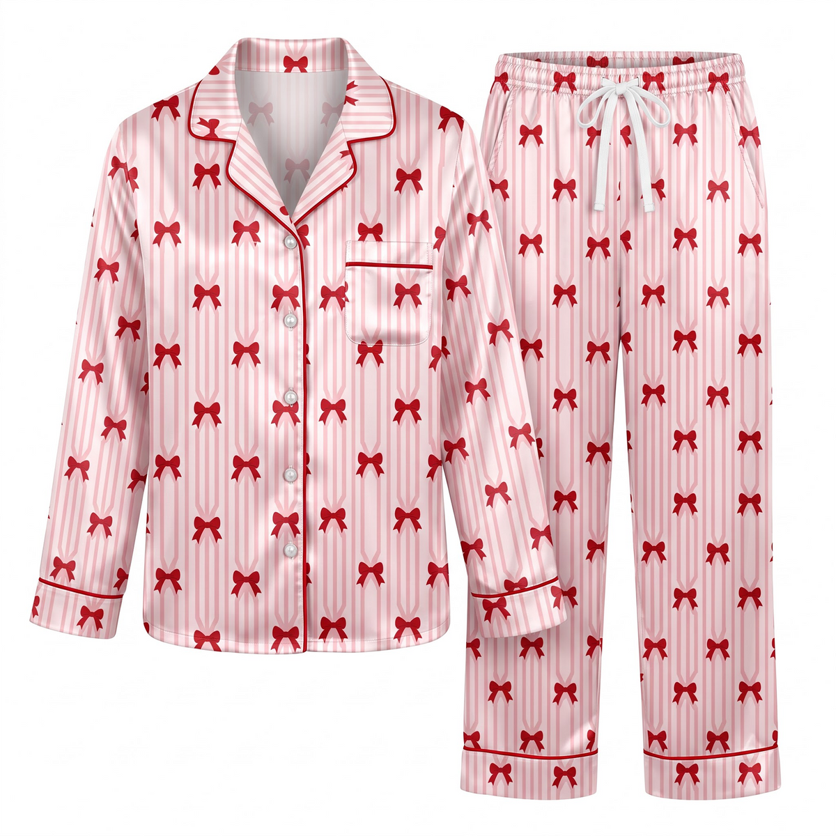 Red Bow Satin Pajama Set, Pink Striped Ribbon Silk Sleepwear, Coquette Bow Lounge Set, Romantic Gift for Her Women
