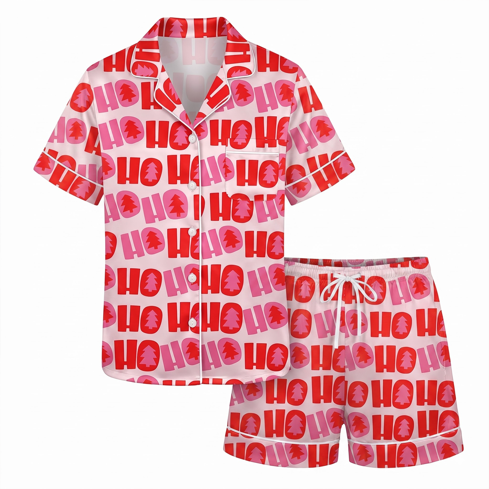 Pink Ho Ho Ho Satin Pajama Set, Red Christmas Silk Sleepwear, Holiday Typography Button Down Pjs, Christmas Gift for Her