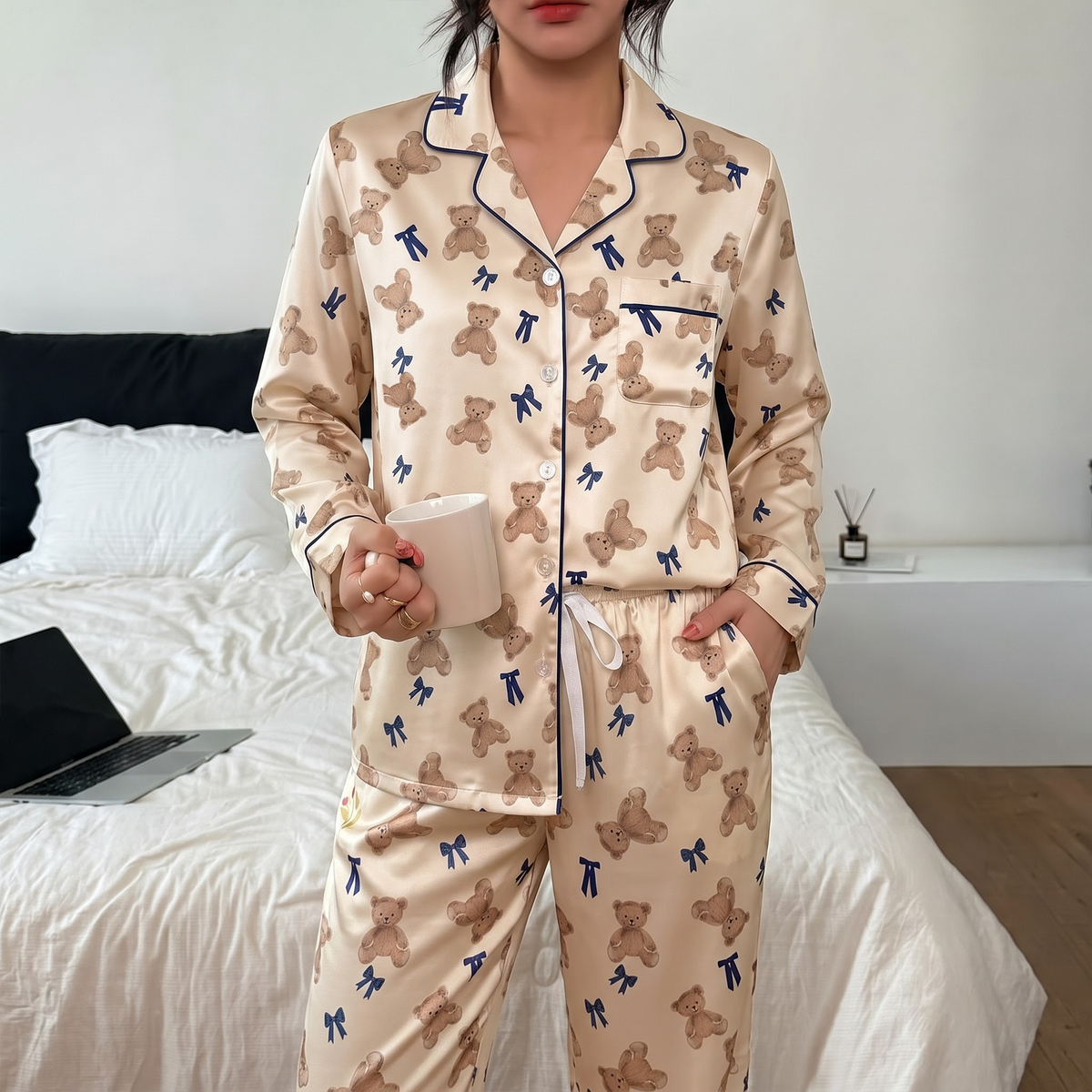 Teddy Bear Pajama Set, Coquette Navy Bow Satin Lounge Set, Cute Teddy Bear Sleepwear PJS, Birthday Gift for Her Women