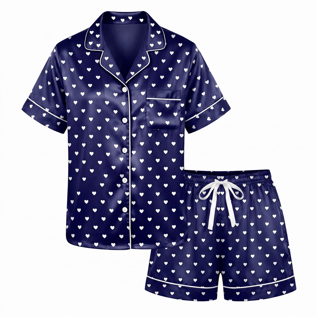 Navy Heart Pajama Set, Dark Blue Satin Mini Heart Lounge Set, Cute Heart Print Sleepwear PJS, Valentine Gift for Her Women
