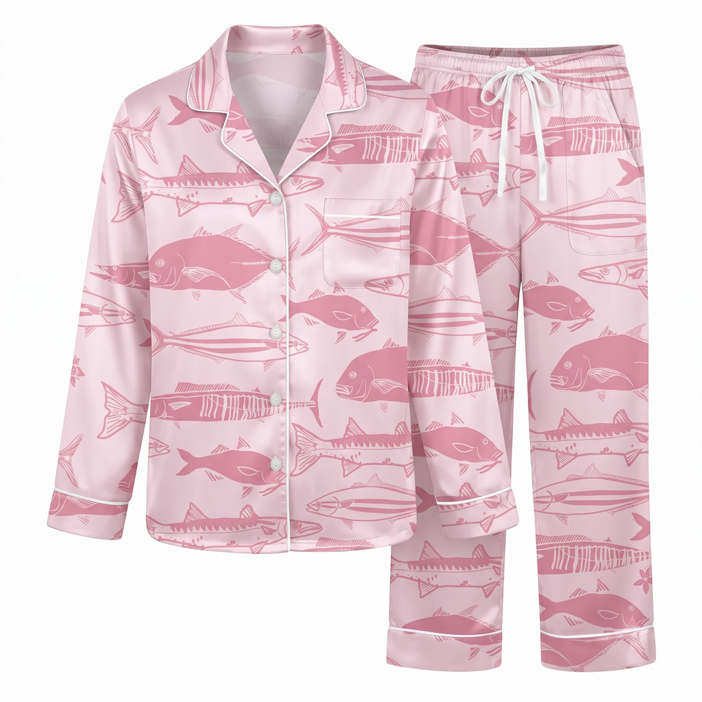 Pink Fish Pajama Set, Coastal Ocean Satin Lounge Set, Preppy Beach Sleepwear PJS, Vacation Gift for Her Women