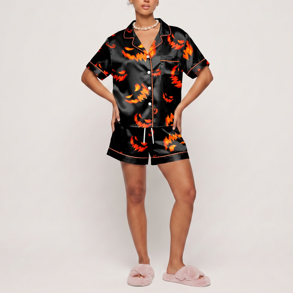 Scary Pumpkin Satin Pajama Set, Halloween Jack o Lantern Silk Sleepwear, Creepy Face Button Down Pjs, Spooky Gift for Her