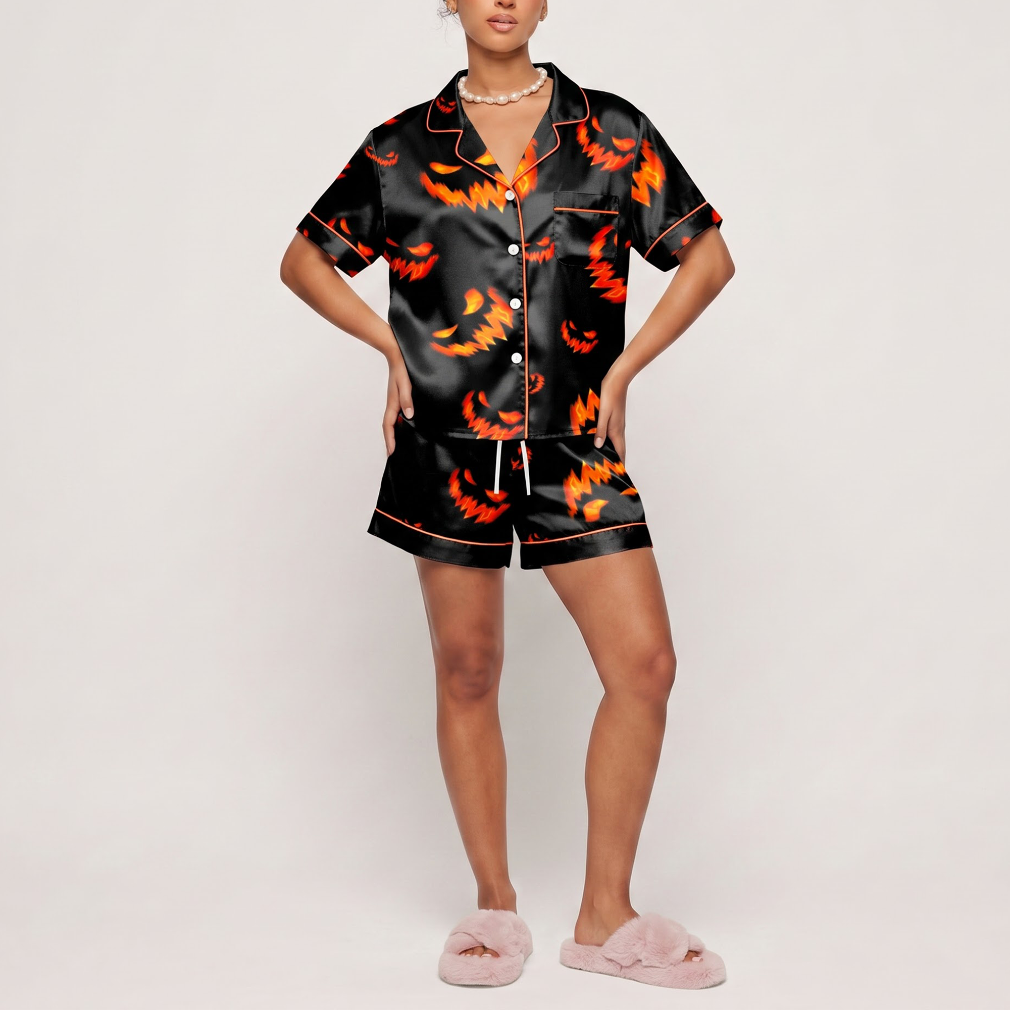 Scary Pumpkin Satin Pajama Set, Halloween Jack o Lantern Silk Sleepwear, Creepy Face Button Down Pjs, Spooky Gift for Her
